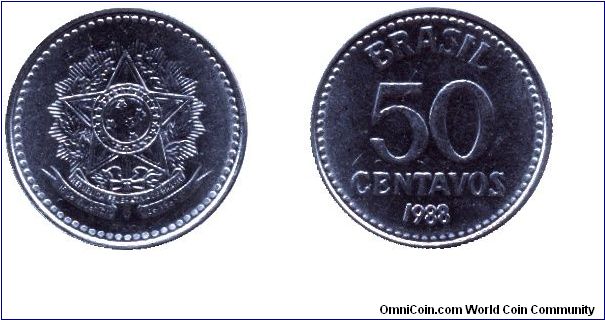 Brazil, 50 centavos, 1988, Steel.                                                                                                                                                                                                                                                                                                                                                                                                                                                                                   