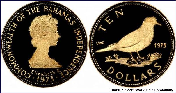 Tobacco Dove on reverse of Bahamas gold proof $10. One of Bahamas' first issue of gold coins, part of the 4 coin proof set for the Adoption of New Constitution. Only minted in 14ct gold.