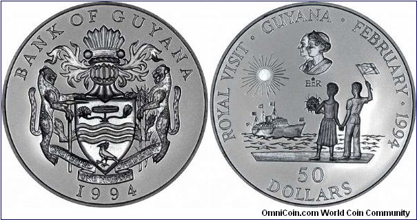 Royal Visit to mark the recognition of the restoration of democratic government. Part of a set of 6 silver proof crowns issued by countries included in the Queen's visit with Prince Philip on board the Royal Yacht Britannia.