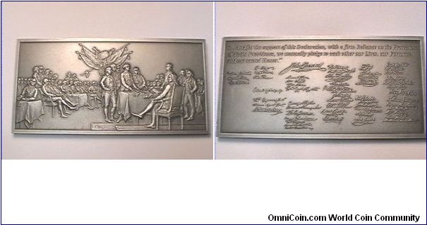 Pewter plaque depicting the signing of The Declaration of Independence, the signers are on the reverse
