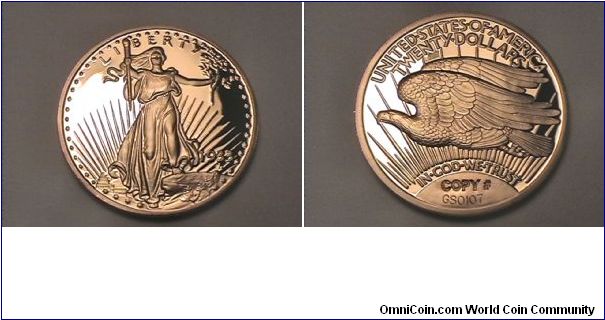 Copy of the 1933 $20 Gold piece. 
.999 silver and 24kt gold plating. 3/4 reeded edge, 1 troy oz .999 fine silver on edge.
#GS0107