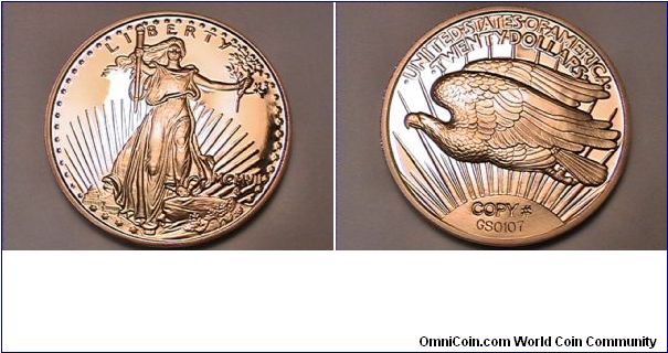 Copy of the 1907 $20 Gold piece. Date written as MCMVII. .999 SILVER AND 24KT GOLD PLATED. 3/4 REEDED EDGE WITH 1 TROY OZ .999 FINE SILVER WRITTEN ON THE EDGE. 
#GS0107