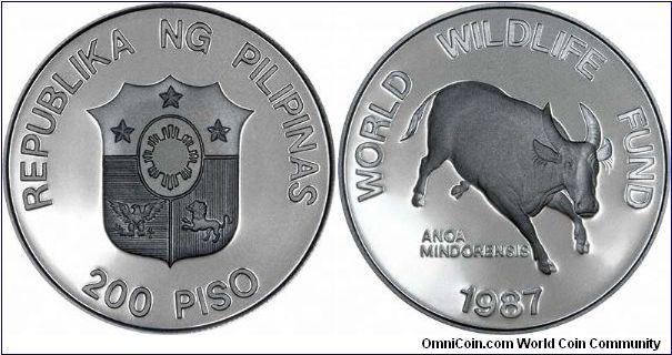Tamarau (Anoa Mindorensis) on reverse of 1987 Philippines 200 piso silver proof crown. Part of WWF collection.