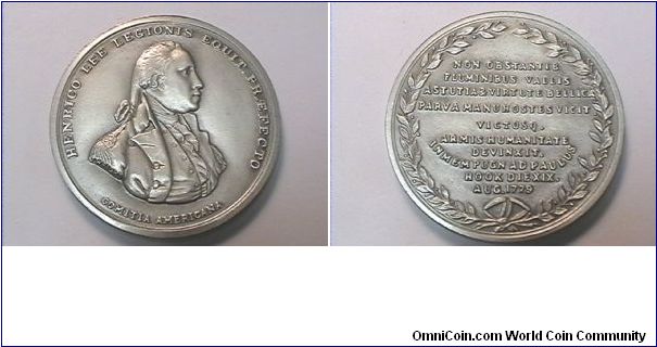 Pewter medal, depicting battle of the American Revolution, Major Henry Lee, attack on Paulus Hook 1779. Issued by the US Mint, for the Smithsonian Institution