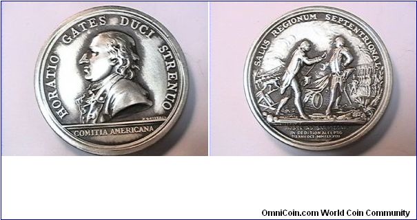 Pewter medal, depicting Major General Horatio Gates, and the Victory at Saratoga 1777
