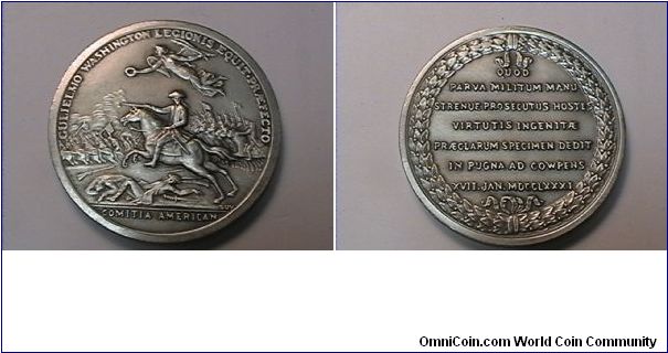 Pewter medal, depicting Lieutenant Colonel William A. Washington, and the Victory at Cowpens 1781
