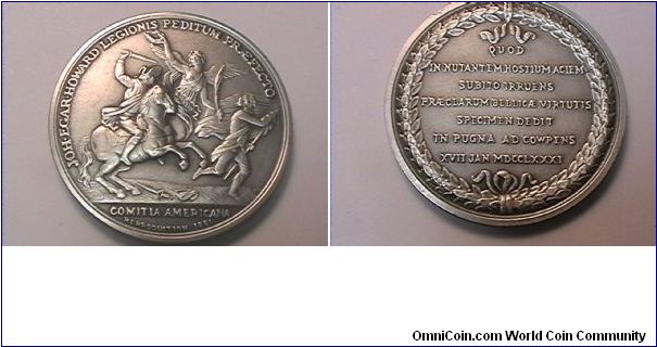 Pewter medal, depicting Lieutenant Colonel John Eager Howard, and the Victory at Coepens 1781