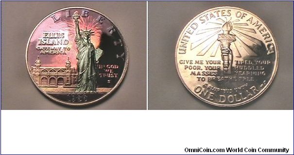 Colorized Ellis Island Commemorative one dollar. 0.900 silver