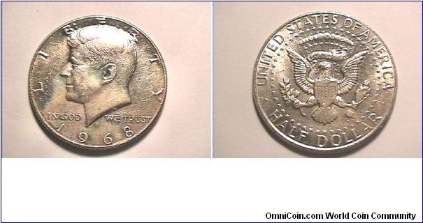 1968-D Kennedy Half Dollar, hard to see from photo but has a nice gold and red-blue tone on obverse
