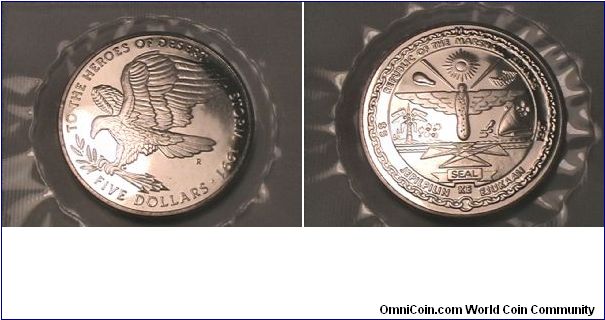 TO THE HERORS OF DESERT STORM 1991 FIVE DOLLARS,
REPUBLIC OF THE MARSHALL ISLANDS.
copper-nickel
