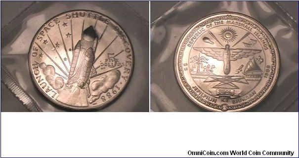 LAUNCH OF THE SPACE SHUTTLE DISCOVERY 1988
FIVE DOLLARS,
REPUBLICE OF THE MARSHALL ISLANDS, copper nickel
