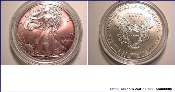 American Silver Eagle one dollar, with nice red tone on obverse. 1 oz .999 silver