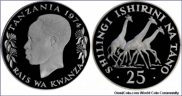 1974 Tanzanian silver proof 25 shillings has a portrait of Julius Kambarage Nyerere on its obverse, with the legend:
TANZANIA 1974
RAIS WA KWANZA
Rais Wa Kwanza can be translated as First President.
The reverse of this coin shows 3 Southern Giraffes, with the legend:
SHILINGI ISHIRINI NA TANO
25
Which translates as:
Shilingi (shillings) ishrini (twenty) na (and) tano (five). Part of WWF collection.