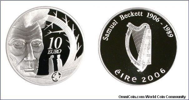 Samuel Beckett Silver proof 10 Euros. This coin commemorates the Irish writer Samuel Beckett.