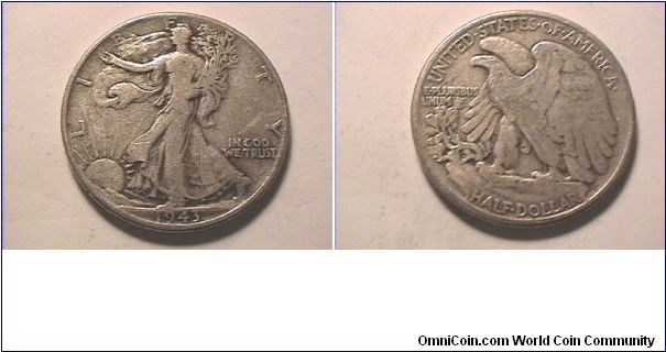 US 1943 WALKING LIBERTY HALF DOLLAR. 0.900 silver