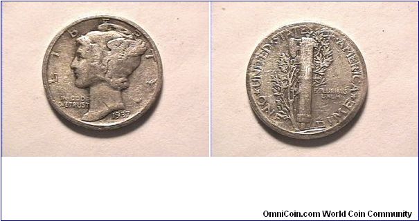 US 1937 MERCURY DIME.0.900 silver