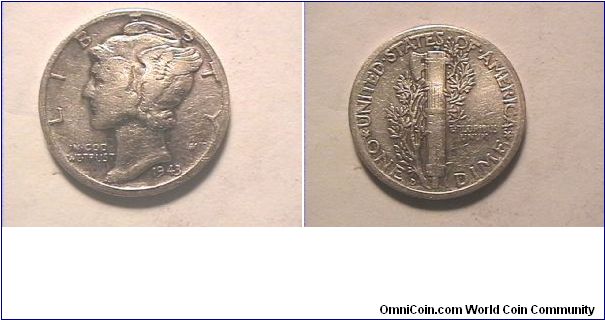 US 1943-D MERCURY DIME. 0.900 silver