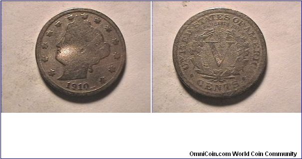 US 1910 LIBERTY HEAD FIVE CENTS.

copper-nickel