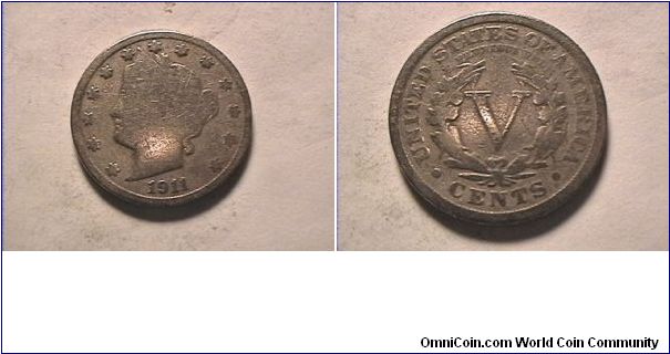 US 1911 LIBERTY HEAD FIVE CENTS

copper-nickel