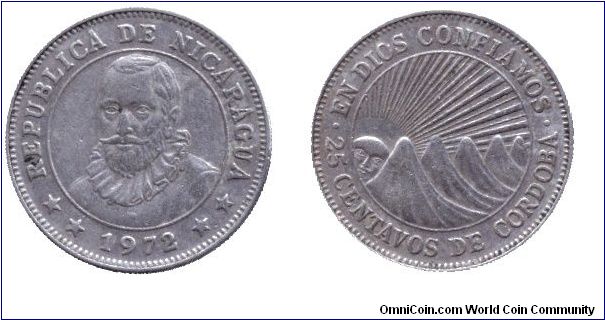 Nicaragua, 25 centavos, 1972, Cu-Ni, En Dios Confiamos, Francisco Hernandes de Cordoba, reeded edge.                                                                                                                                                                                                                                                                                                                                                                                                                
