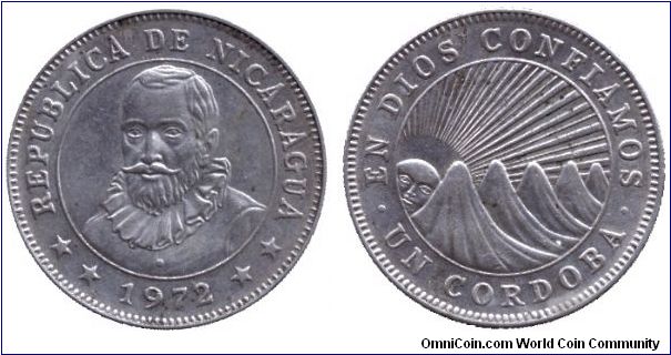 Nicaragua, 1 cordoba, 1972, Cu-Ni, En Dios Confiamos, Francisco Hernandes de Cordoba, reeded edge.                                                                                                                                                                                                                                                                                                                                                                                                                  