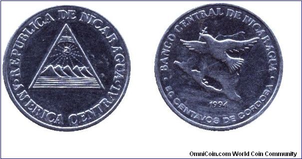 Nicaragua, 50 centavos, 1994, Peace Pigeons.                                                                                                                                                                                                                                                                                                                                                                                                                                                                        