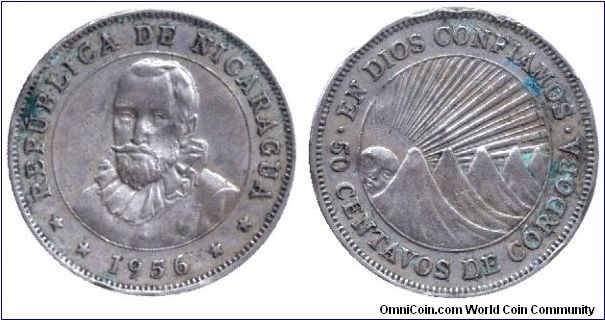 Nicaragua, 50 centavos, 1956, Cu-Ni, Francisco Hernandes de Cordoba, B.N.N.                                                                                                                                                                                                                                                                                                                                                                                                                                         