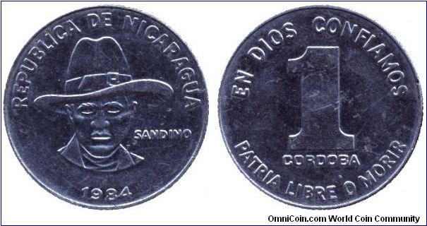 Nicaragua, 1 cordoba, 1984, Steel, Patria Libre O Morir; Sandino.                                                                                                                                                                                                                                                                                                                                                                                                                                                   