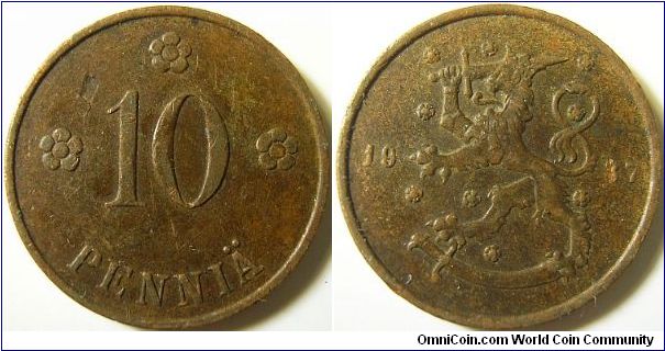Finland 1937 10 pennia.