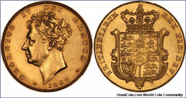 Second type George IV gold sovereign, with a bare head, and a crowned shield on the reverse.