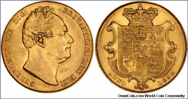 There is only one type of William IV sovereign, bare head facing right, with a crowned shield on the reverse. All dates are getting more difficult to find in the highest grades.