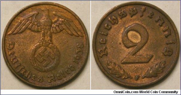 Nazi Germany, 2 reichspfennig, 1938 F, 20 mm, bronze