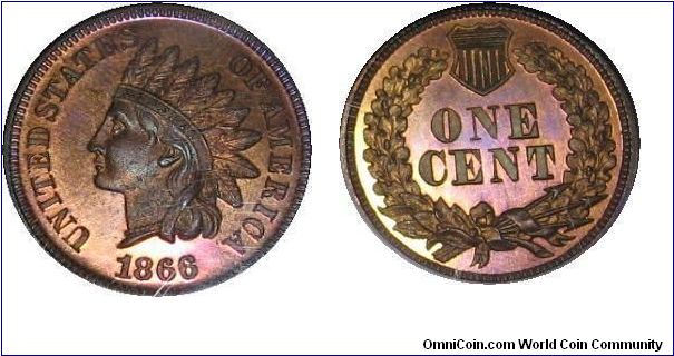 1866 Cameo Proof Indian Head Cent.  The surfaces of this scarce cameo proof near-Gem are deeply mirrored with delightful purple-gold and cyan highlights in the fields. The devices show significant portions of mint frost, thus giving the coin noticeable cameo contrast. Although the official mintage is 725 coins, the exact number struck is unknown. Early die states of this issue with cameo contrast are quite rare with only 8 such pieces certified by NGC.
