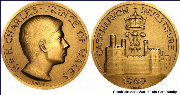 Large (57mm) silver gilt medallion of Prince Charles with Caernavon Castle on the reverse, for his investiture, by Paul Vincze. Unlisted in Spink's Catalogue of British Commemorative Medals 1158 to the present day, by Daniel Fearon.