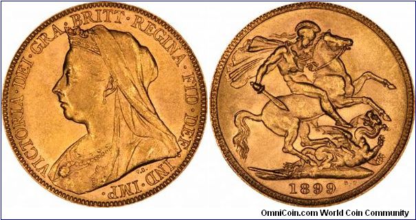 1899 Melbourne Mint sovereign, Victoria Old, Widow, or Veiled Head portrait, issued from 1893 to 1901.