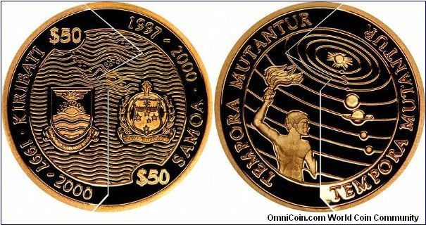 'The times they are a'changing' is how Bob Dylan would have translated the legend TEMPORA MUTANTUR on the 'joined up' version of the gold proof Samoa / Kiribati 50 Tala. The zig-zag line is meant to represent the International Date Line which lies between the two countries.