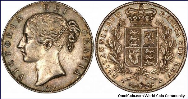 First date of Victoria young (bun) head crown (five shillings) issued for circulation. There was a proof issued in 1839, and normal issues also in 1845 and 1847. Mintage of the 1844 was only 94.000.