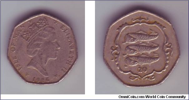 Isle Of Man - 20p - 1986

The same size & shape but not in the same style, this particular design depicts 3 fishes in a sheild, simular to the three lion sheilds of England, Jersey & Guernsey