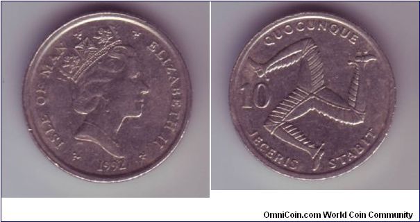 Isle Of Man - 10p - 1992

Depicting the triskele, the symbol for the Isle of Man, this symbol has been used on several coins previously & since this one.
