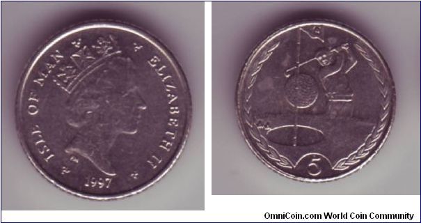 Isle Of Man - 5p - 1997

Continuing with the IOM sporting coins, here this 5p depicts golf, bizarre.