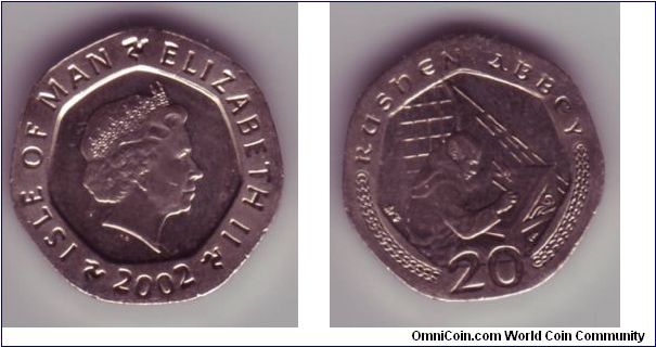 Isle Of Man - 20p - 2002

As 2001 issue except the mint marks behind the man are different