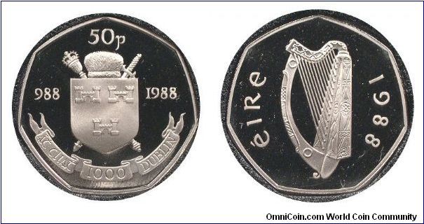 This coin is a proof striking of the 1988 50 pence coin which was issued to comemorate the 1000th anniversary of the establishment of Dublin. Dust spots are on the capsule and not on the coin.