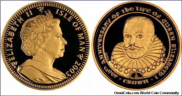 Sir Francis Drake on reverse of 2003 Manx gold proof tenth ounce crown.