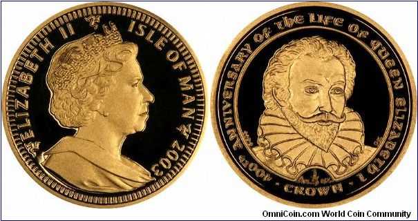Sir Walter Raleigh on reverse of 2003 Manx gold proof fifth ounce crown.