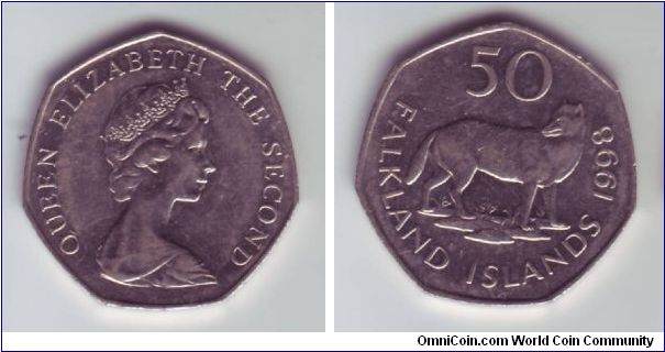 Falkland Islands - 50p - 1998

Depicting a extinct breed of Fox that used to be native to the Falklands.

Interestingly the Type 2 head is depicted on this coin even though on GB coins this was replaced in 1985 with the Type 3 head.

The Falklands is not the only country to do this