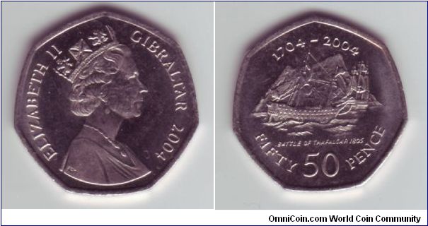 Gibraltar - 50p -2004

A change in design, not only on the reverse but on the obverse.  This portrait is unique to Gibraltar & is a cross between Type 3 & Type 4, this obverse also conintued to be in use until at least 2005