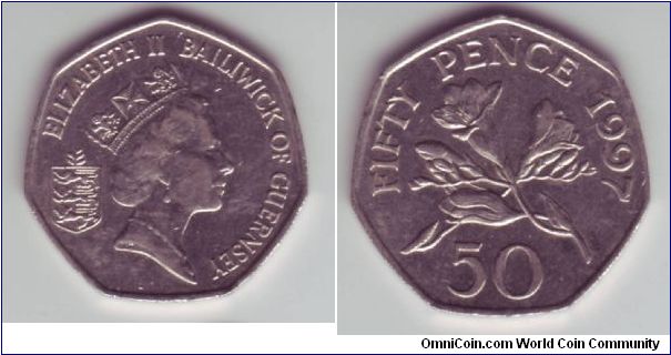 Guernsey - 50p - 1997

Standard 50p coin with Type 3 obverse, the shield of Guernsey can be seen behind the Queen's head