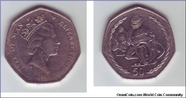 Isle Of Man - 50p - 1997

Manx TT Racing 50p coin, as can be seen the writing on the obverse is rather illegiable, a common problem with all IOM coins issued between 1985-1997