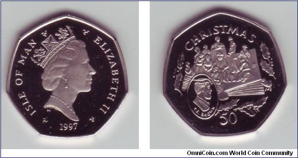 Isle Of Man - 50p - 1997

Another 50p from 1997, this time the tradional Christmas coin, of which the Isle Of Man release a new one every year!

This one is a frosted proof version