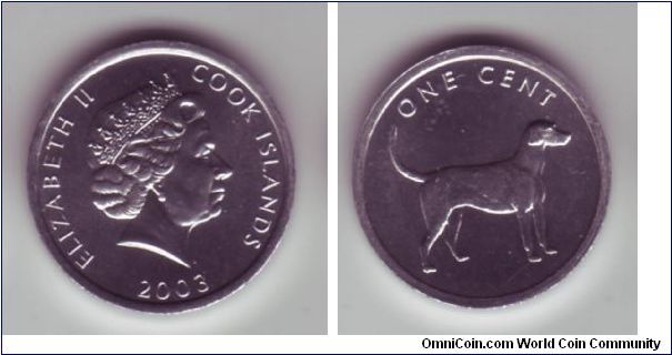 Cook Islands - 1c - 2003

Second of fives coins, this one has a Labrador (or simliar dog) on the reverse.

This coin is made of a light but strong aluminium